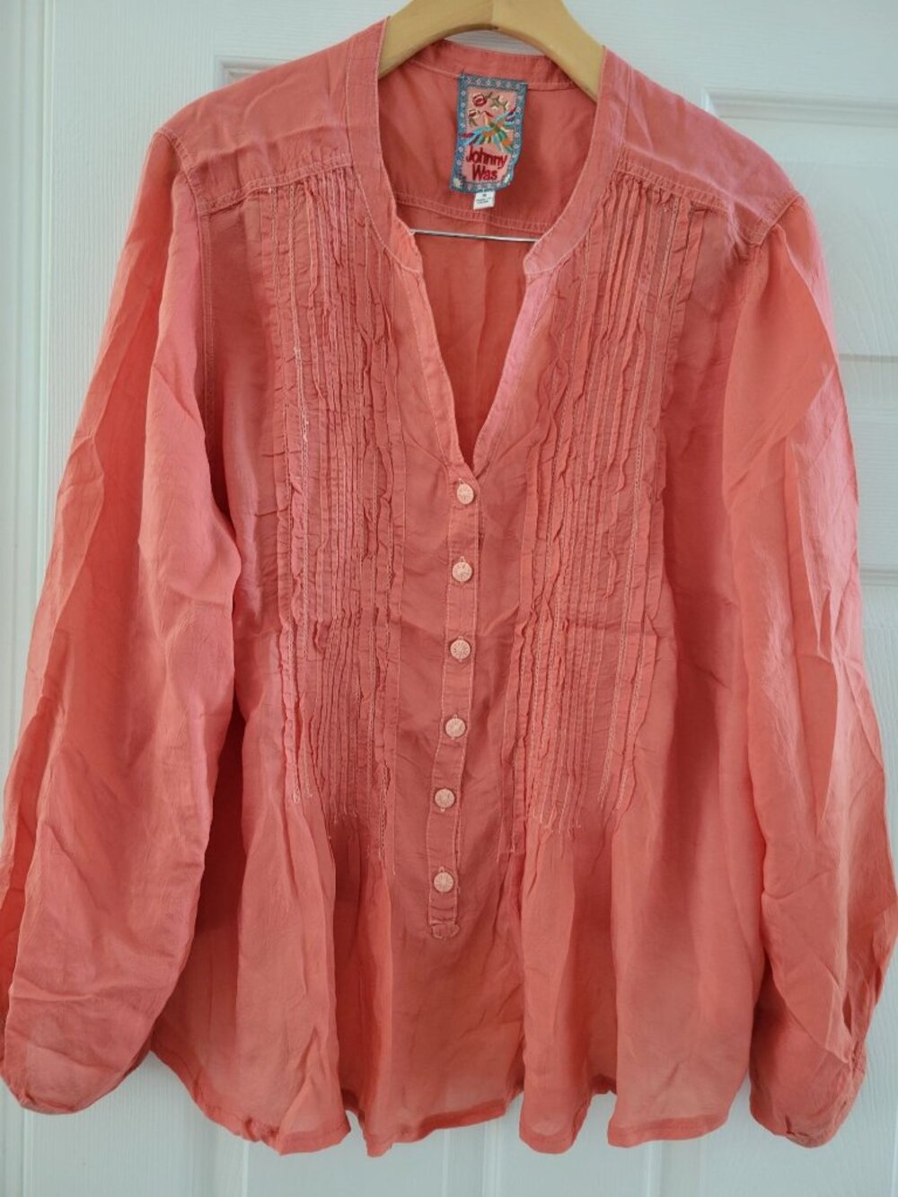 Johnny Was Pandora Coral Pintuck Ruffled Bib Orange Eyelet Top lace boho Peasant